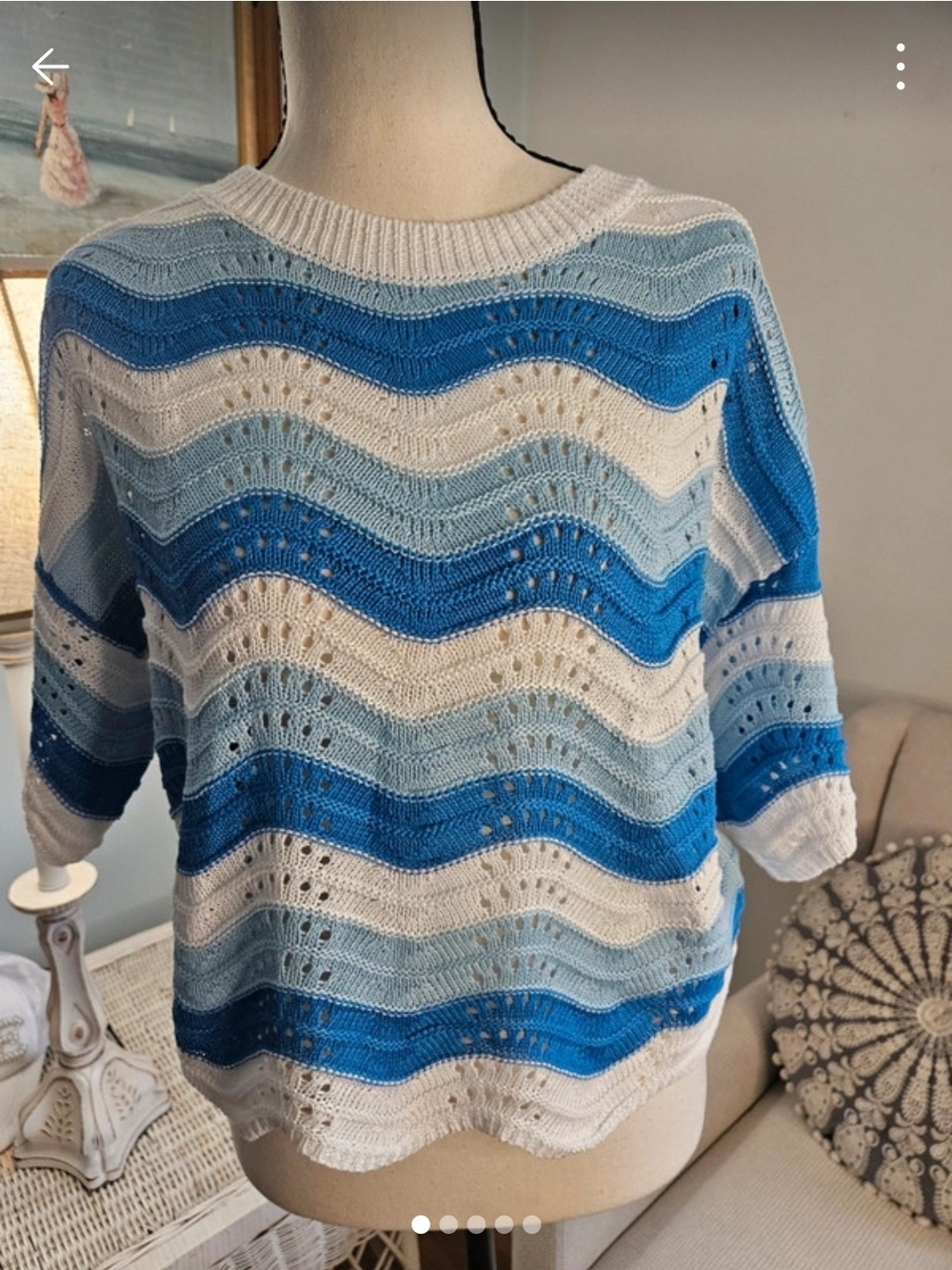 Cupshe Blue and White Wave-Stripe Knit Crewneck Sweater